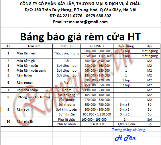 Bảng báo giá rèm cửa các loại